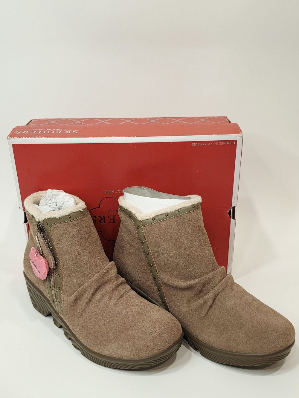 Skechers Jumper Sweet Stud Suede Ankle Booties with Plush Lining Brown Wide 9